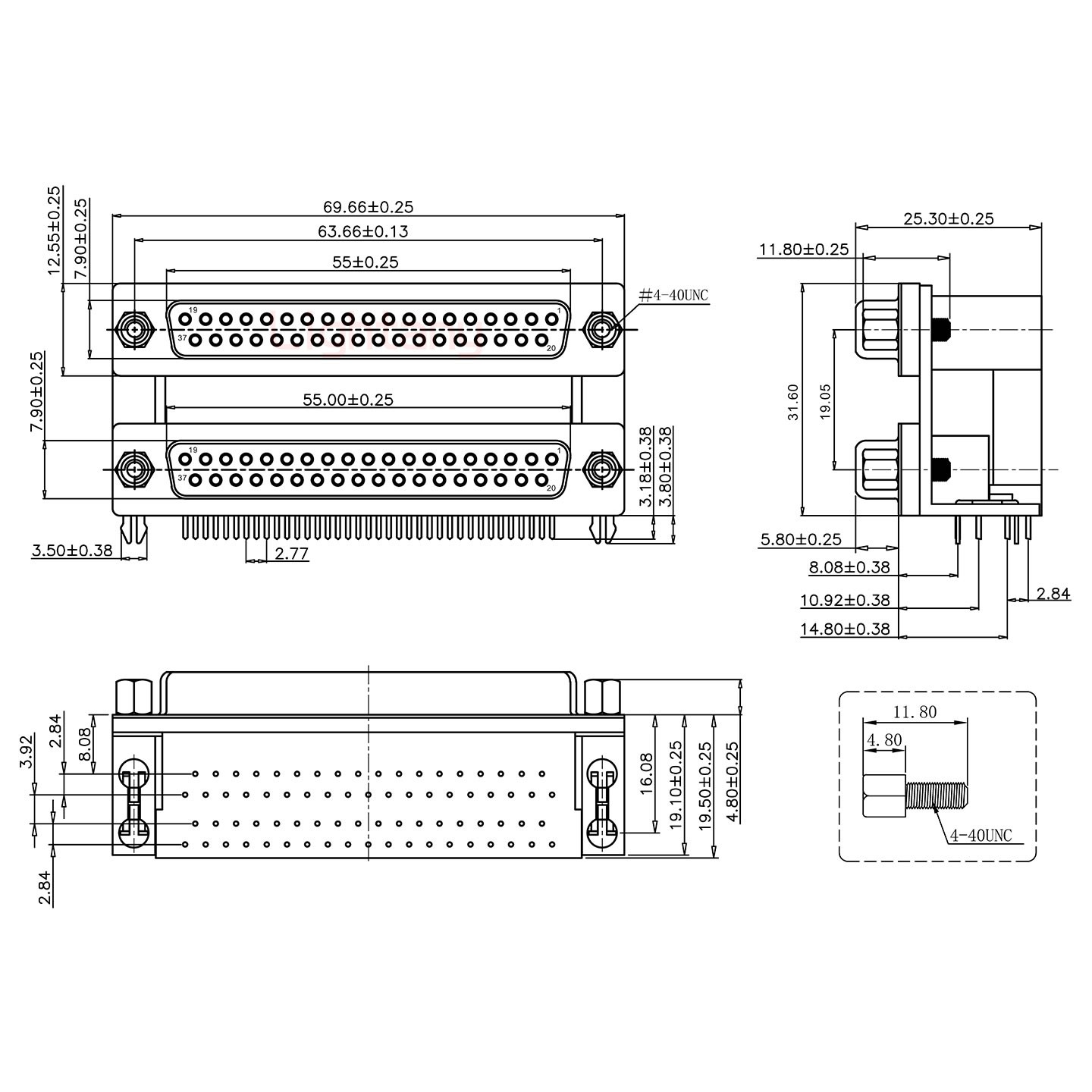 DR37母对母 间距19.05 双胞胎冲针 D-SUB连接器