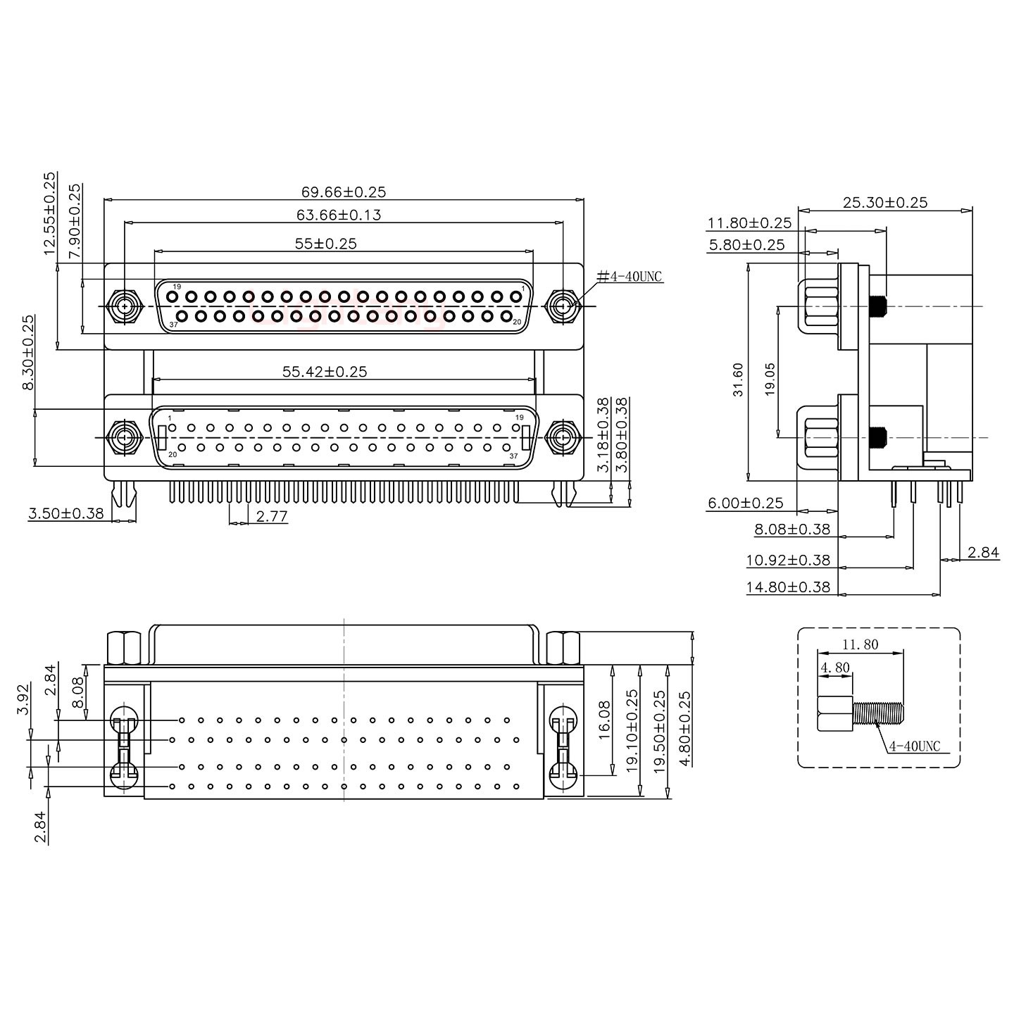 DR37上母下公 间距19.05 双胞胎冲针 D-SUB连接器