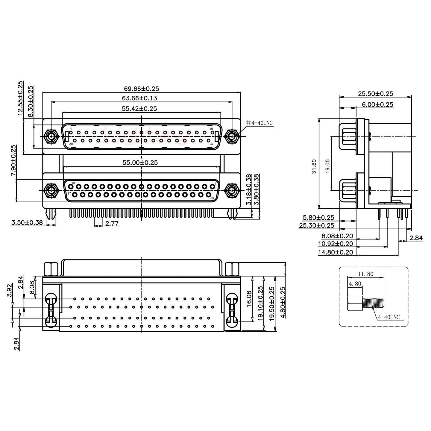 DR37上公下母 间距19.05 双胞胎冲针 D-SUB连接器