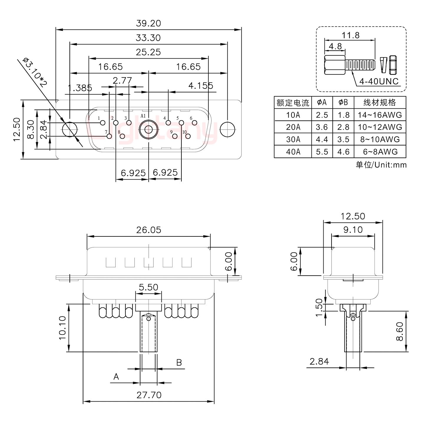 11W1公压线式/配螺丝螺母/大电流40A