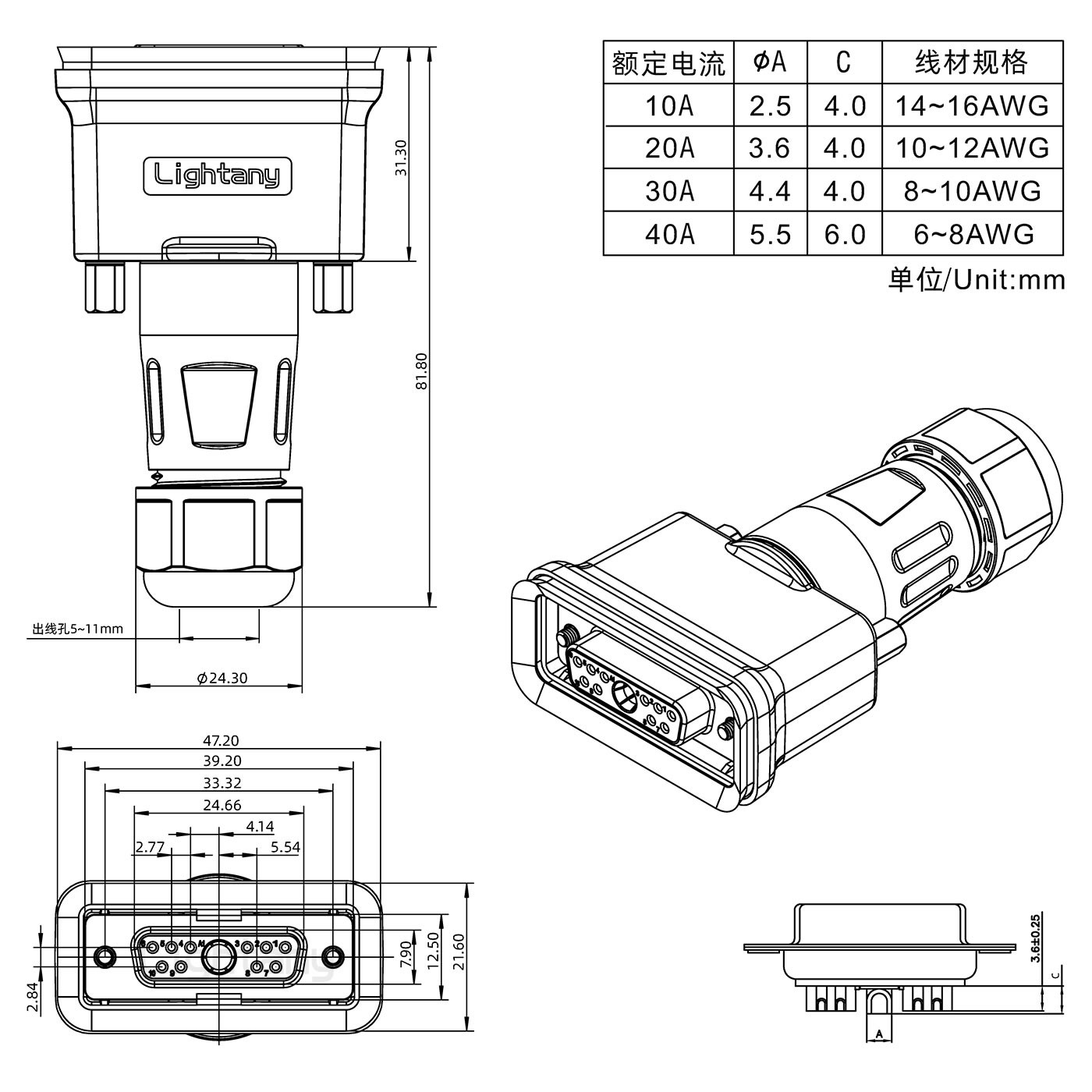 11W1母头焊线+防水接头/线径5~11mm/大电流40A