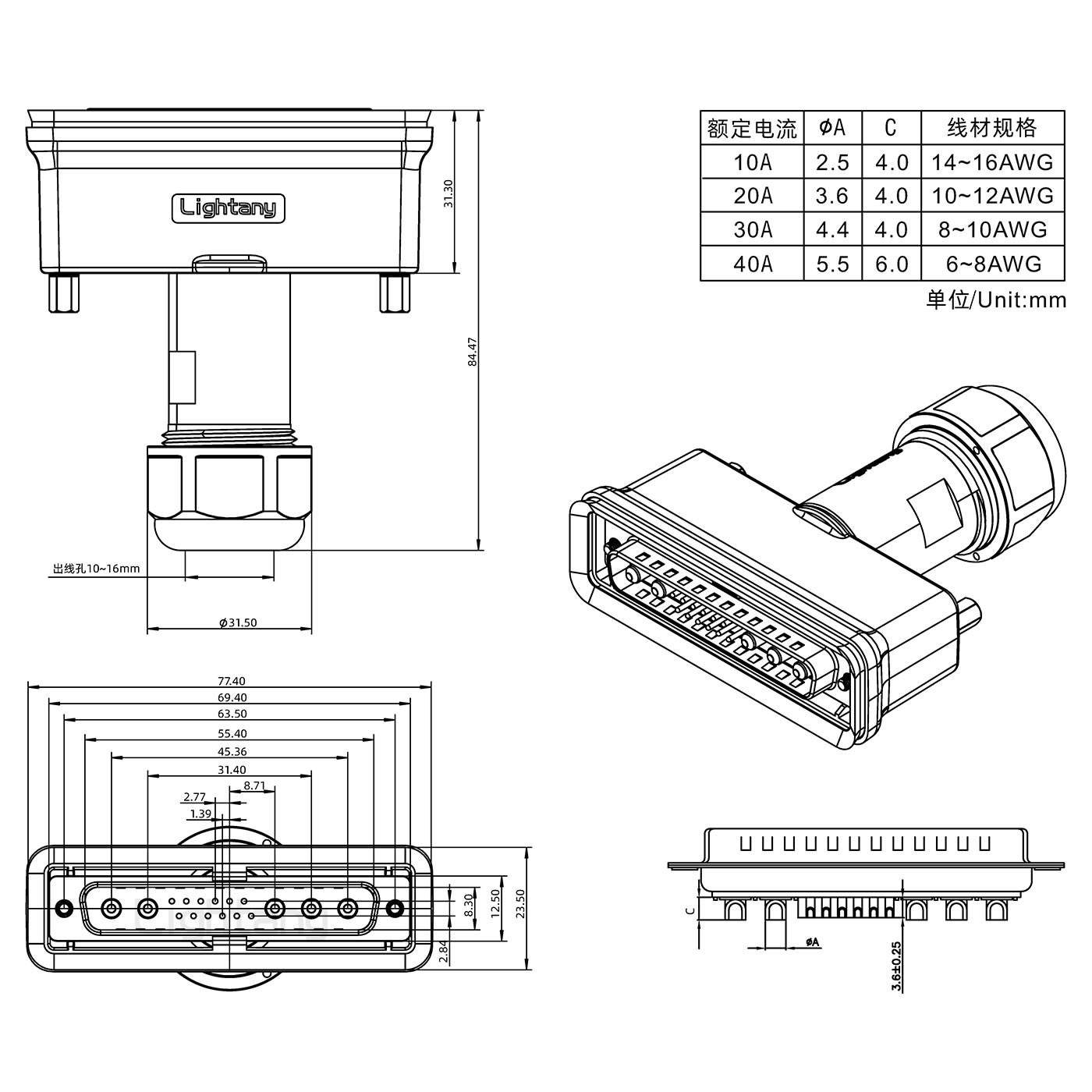 17W5公头焊线+防水接头/线径10~16mm/大电流40A