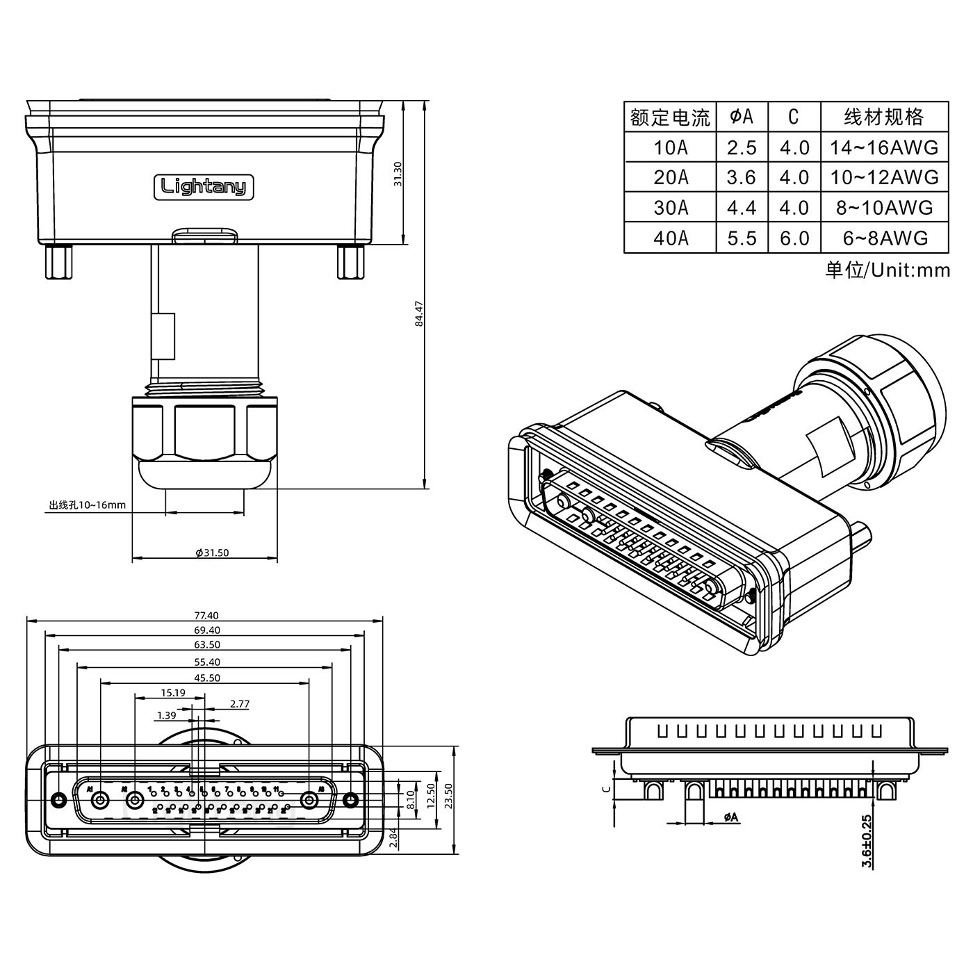 25W3公头焊线+防水接头/线径10~16mm/大电流40A