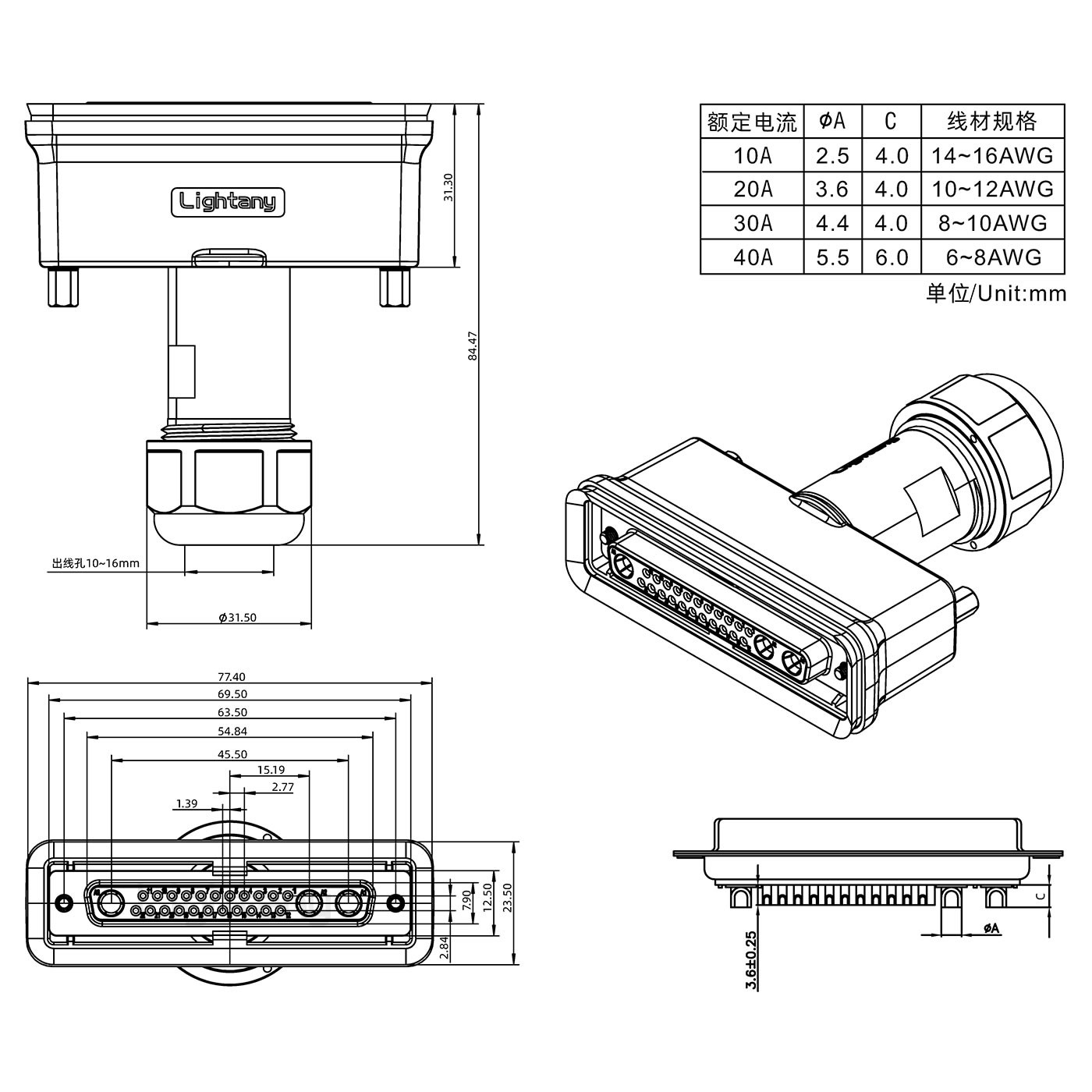 25W3母头焊线+防水接头/线径10~16mm/大电流40A