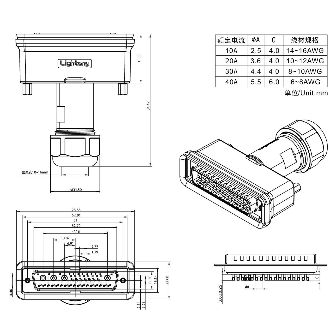 36W4公头焊线+防水接头/线径10~16mm/大电流40A