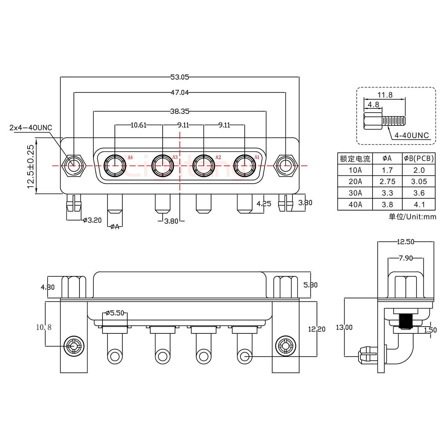 4W4母PCB弯插板/铆支架10.8/大电流20A