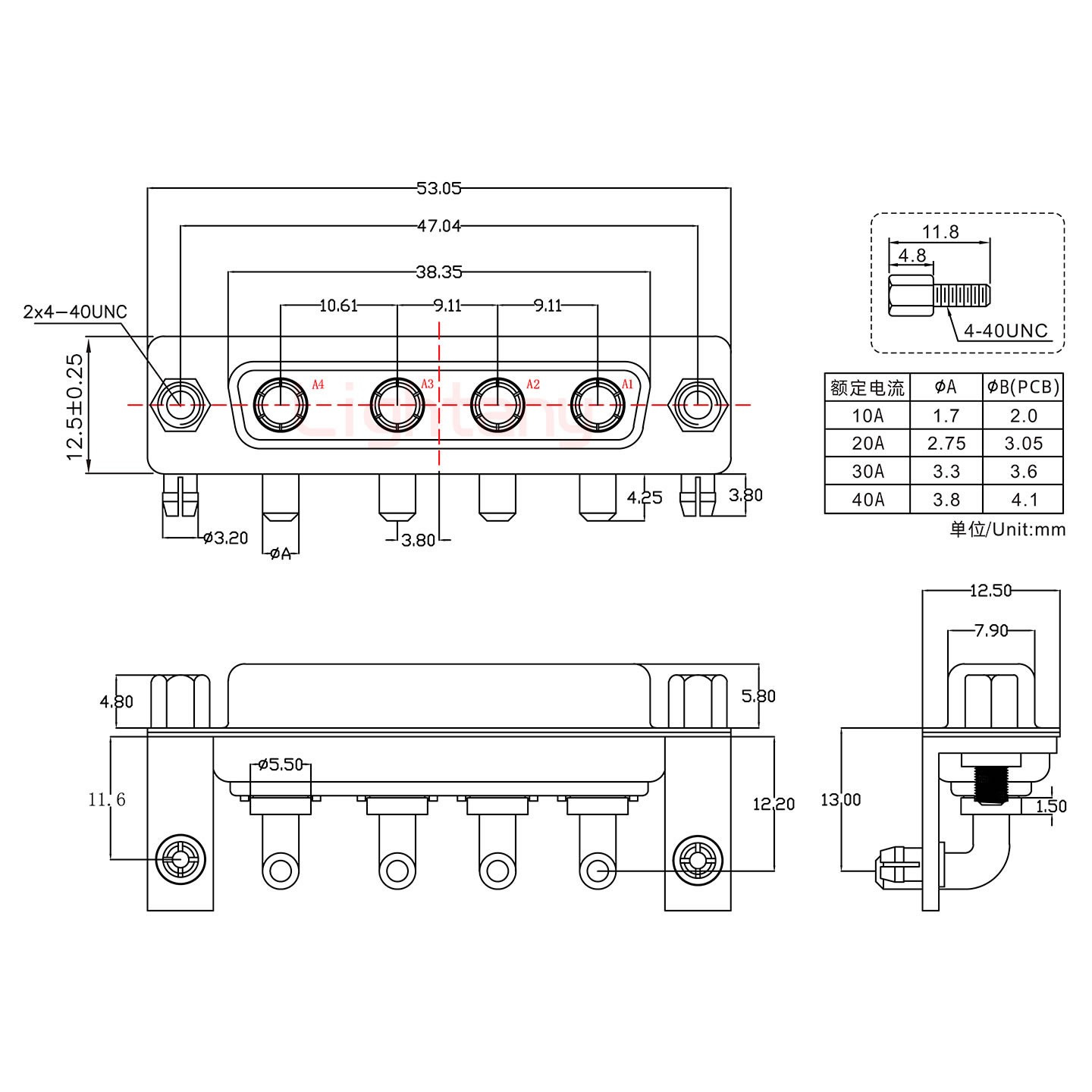 4W4母PCB弯插板/铆支架11.6/大电流40A