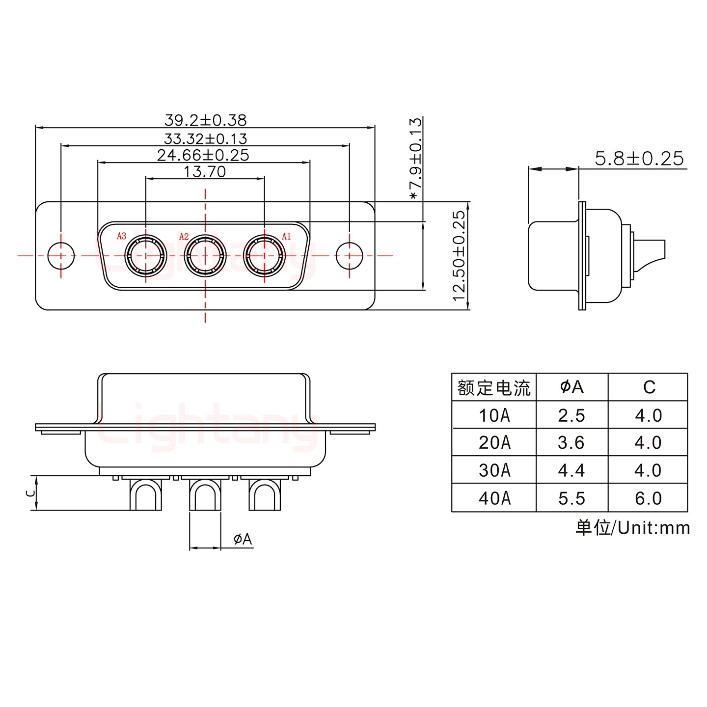 3W3母短体焊线/光孔/大电流30A