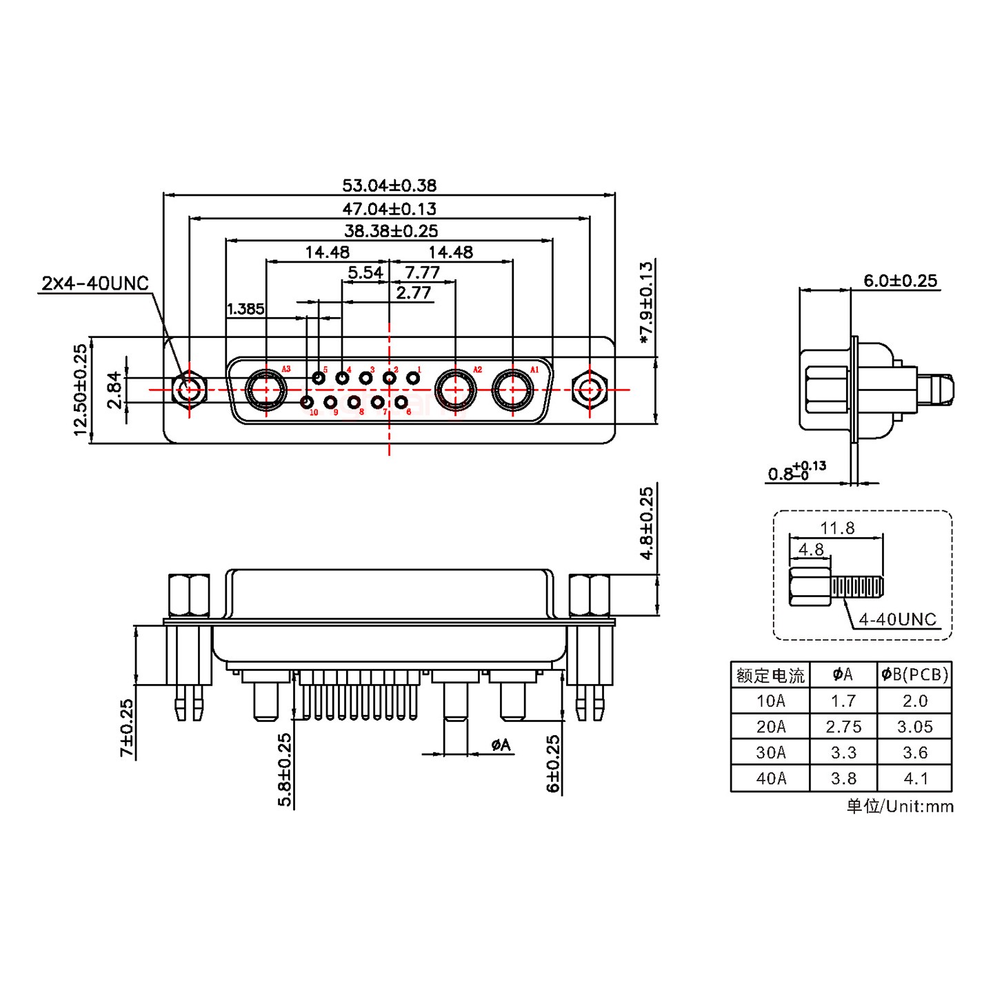 13W3母PCB直插板/铆鱼叉7.0/大电流20A