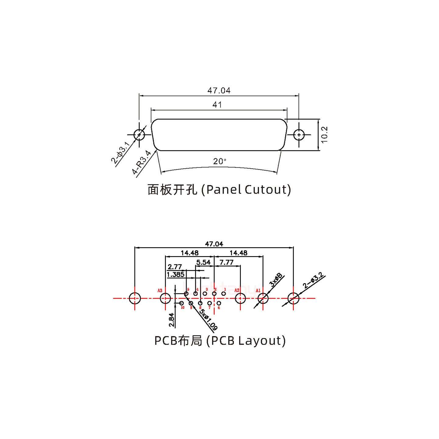 13W3母PCB直插板/铆鱼叉7.0/大电流10A