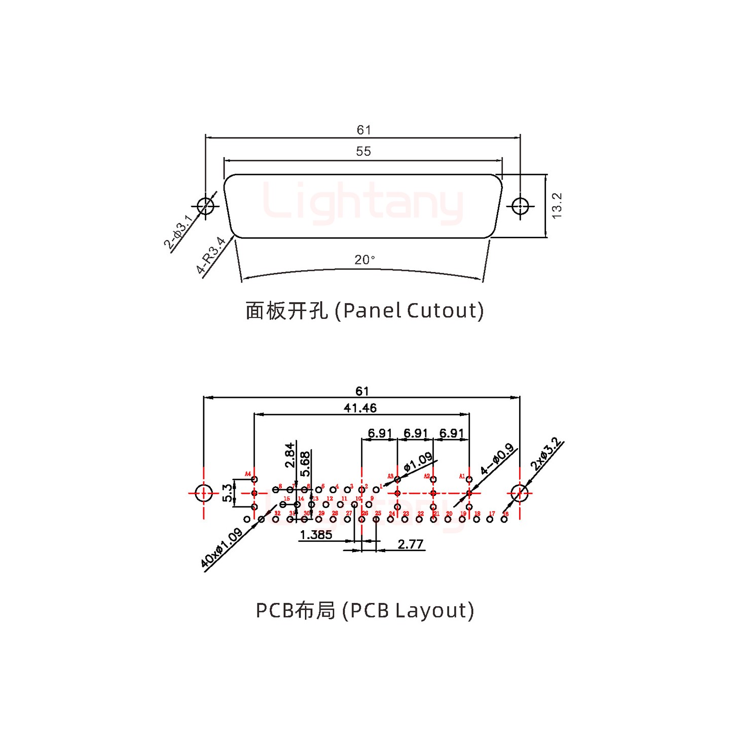 36W4母PCB直插板/铆鱼叉7.0/射频同轴75欧姆